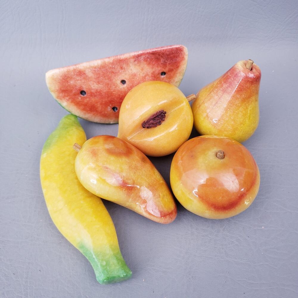 Alabaster Marble Stone Fruit Lot Of 6 Apple, Pear, Peach, Mango & Banana